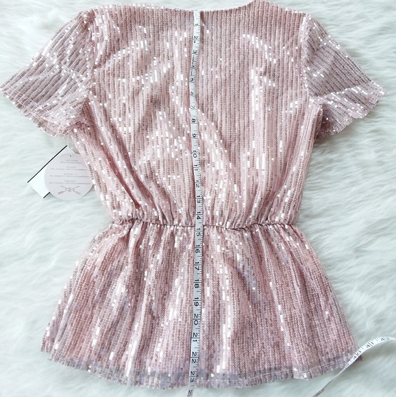 Sequined Top Waist Tie Peplum V Neck Pink - Picture 3 of 5